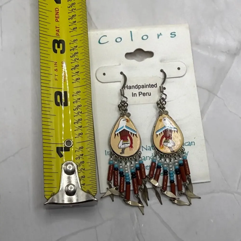 Colors Peru Hand Painted Eagle Dancer Style Beaded Earrings NWT